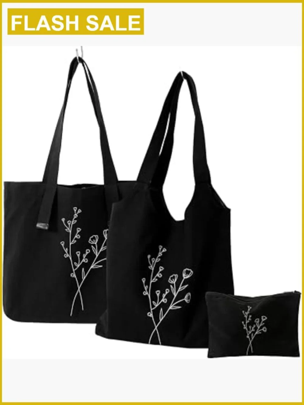 Canvas Tote Bag Floral Line Art Reusable Grocery Shopping Bag with Makeup Pouch